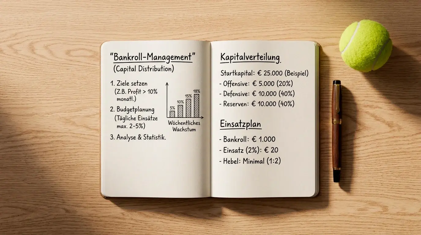 Notizbuch mit Staking-Plan und Tennisball auf dem Schreibtisch