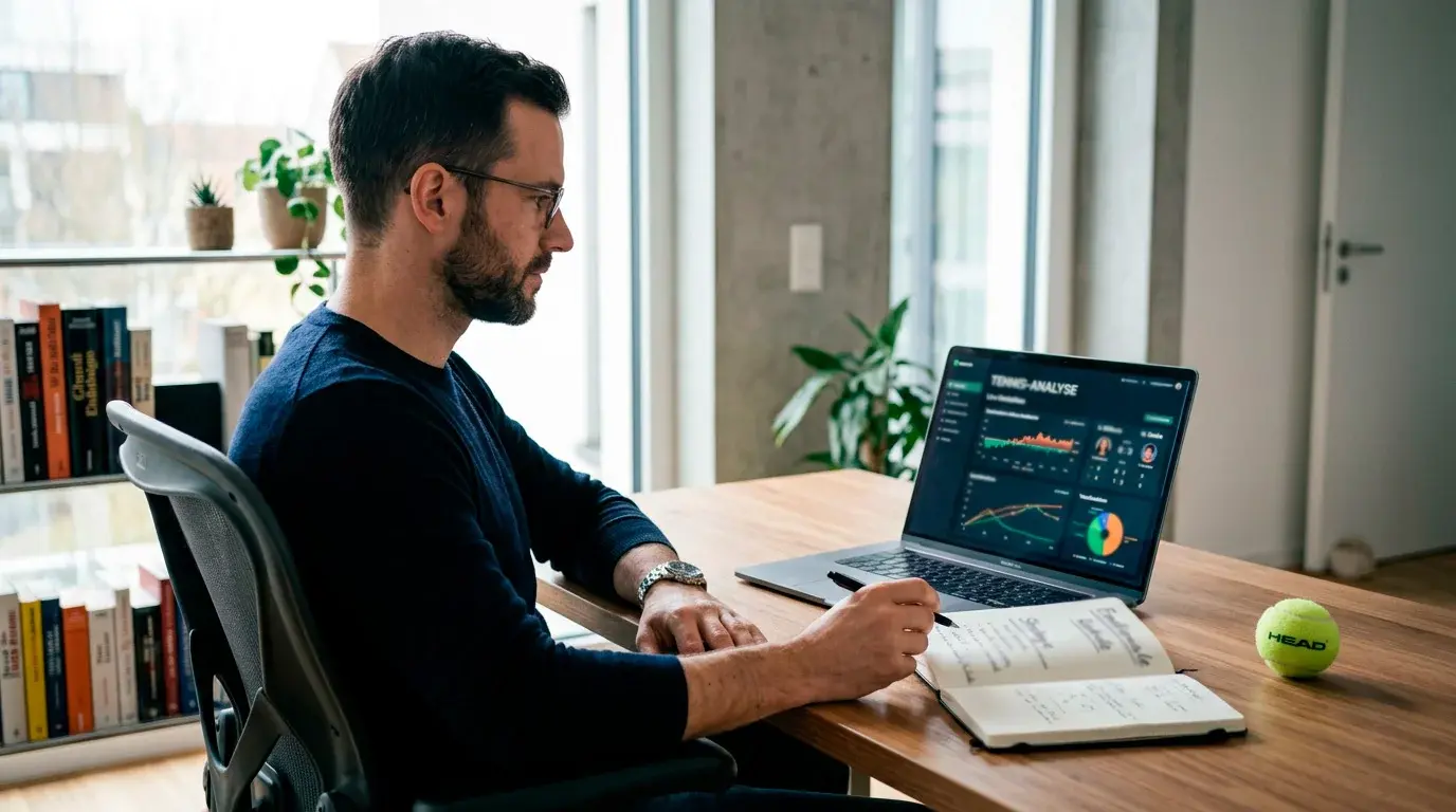 Konzentrierter Mann analysiert ruhig Tennismatch auf dem Laptop