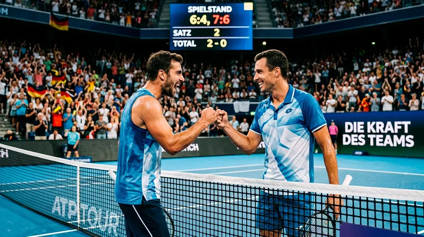 Zwei Tennisspieler als Doppelpaar feiern einen Punkt am Netz