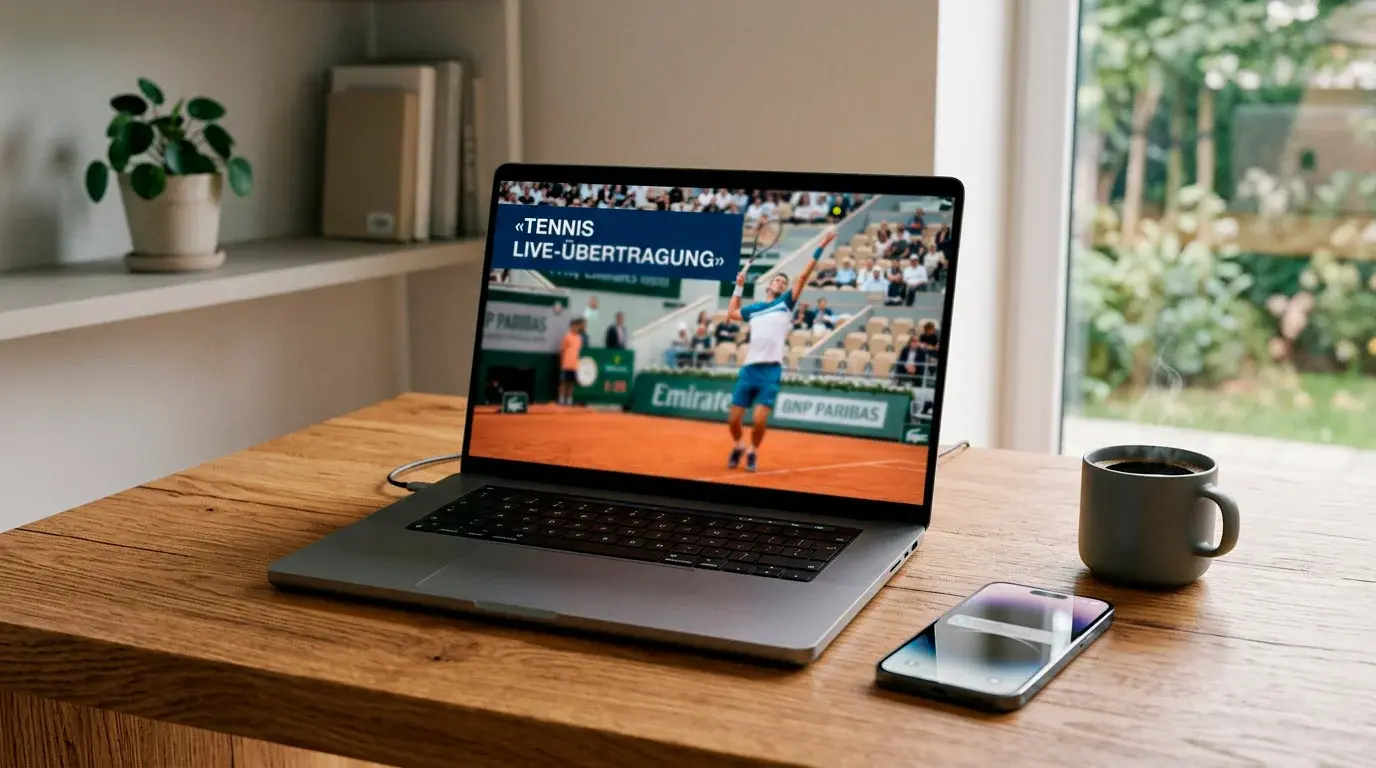 Tennismatch live auf Laptop-Bildschirm mit Smartphone daneben