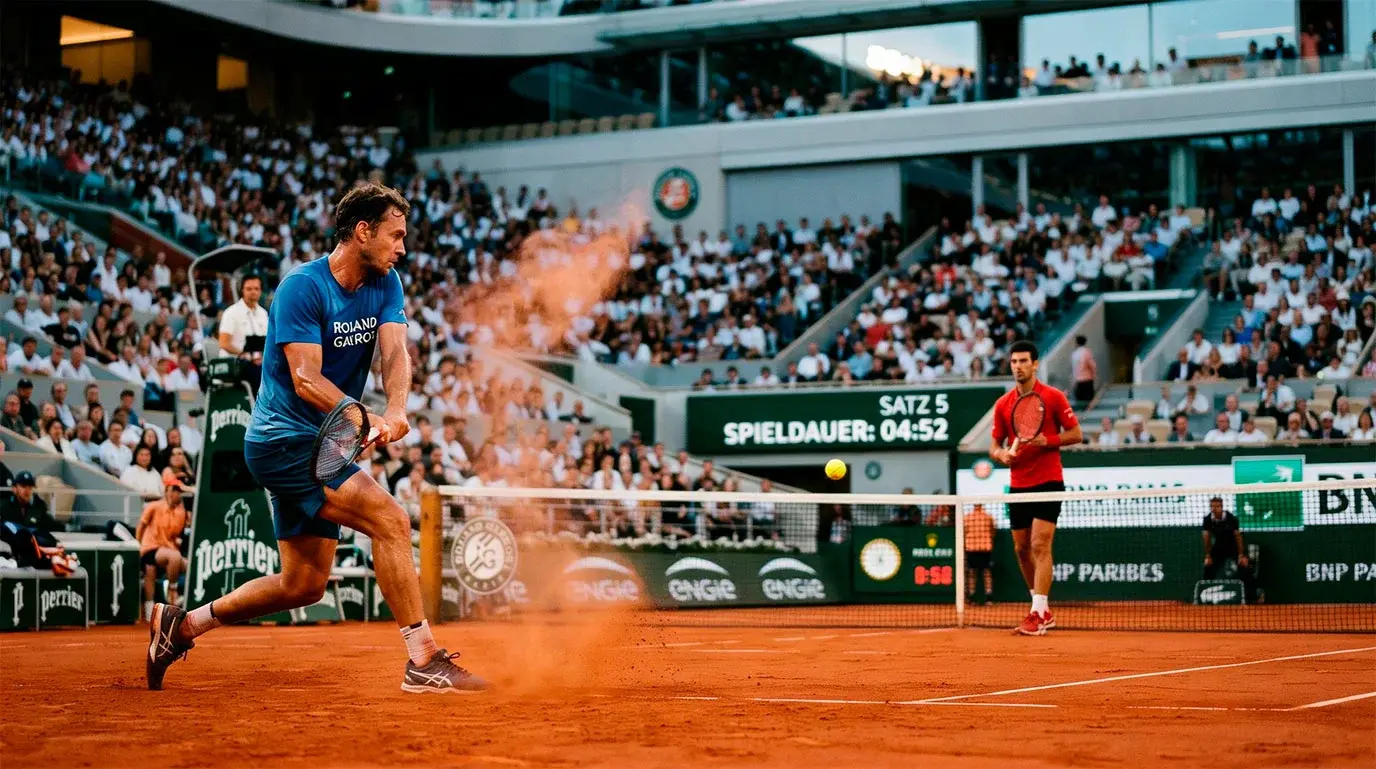 Lange Rally auf dem Sandplatz mit erschöpften Tennisspielern