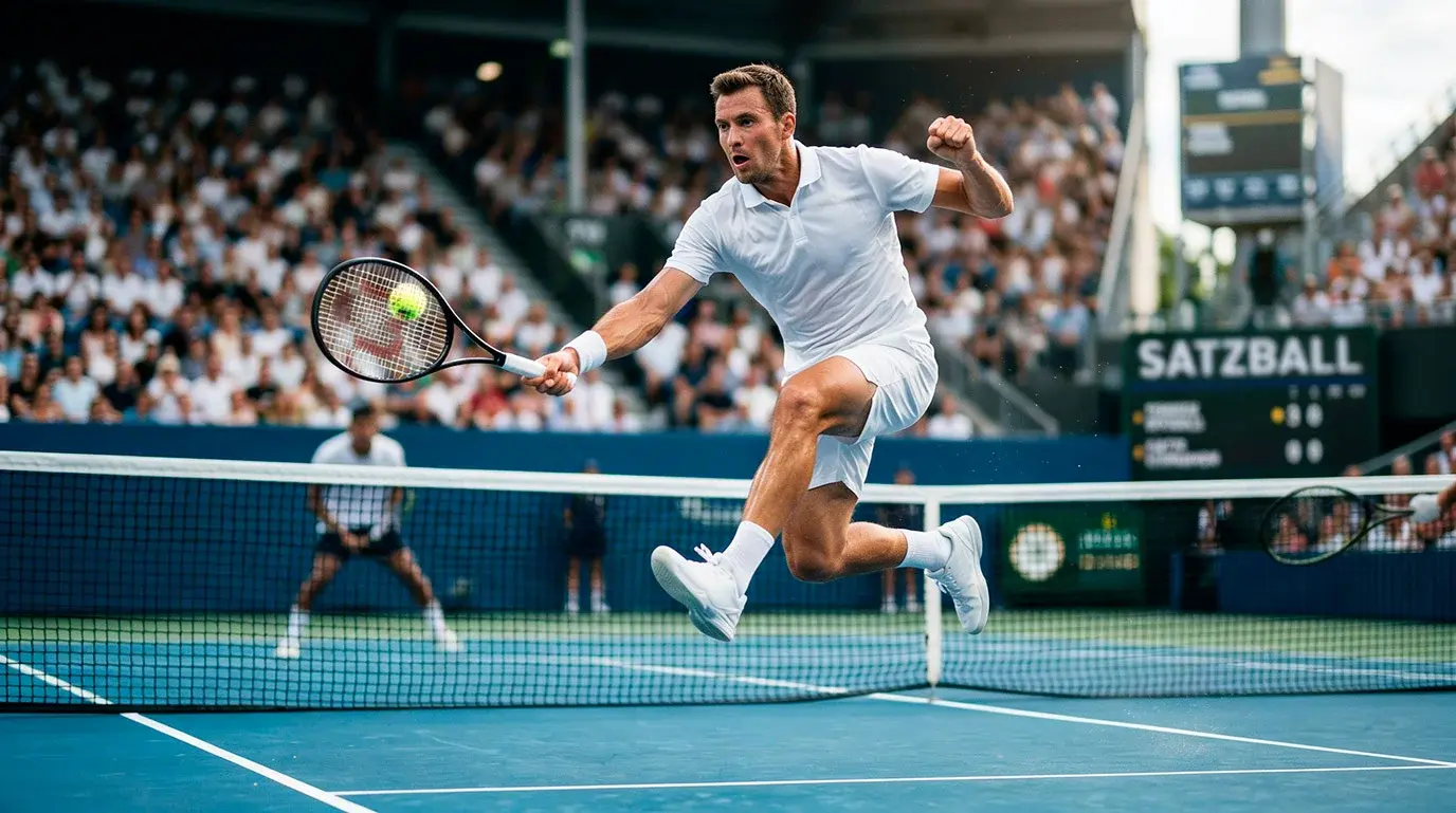 Tennisspieler kämpft um entscheidenden Satzball am Netz