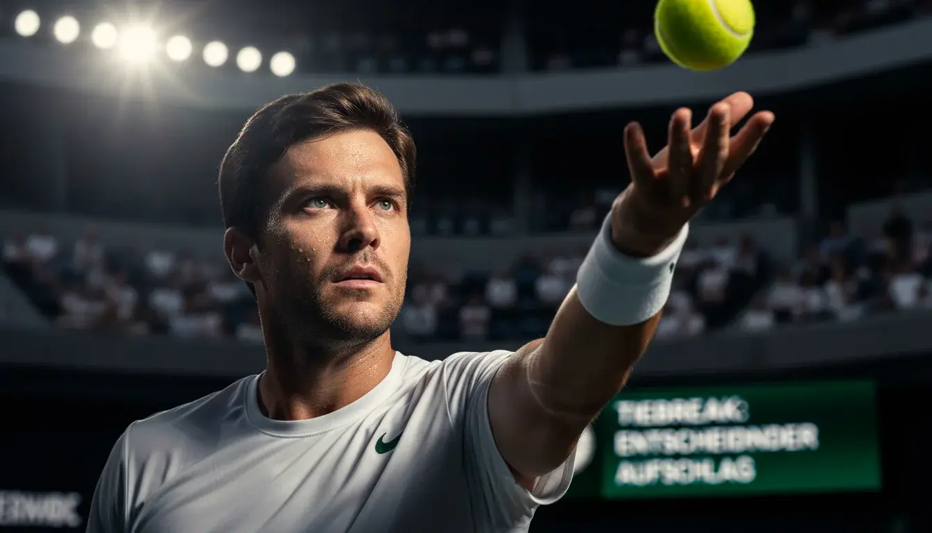 Angespannter Tennisspieler beim entscheidenden Tiebreak-Aufschlag