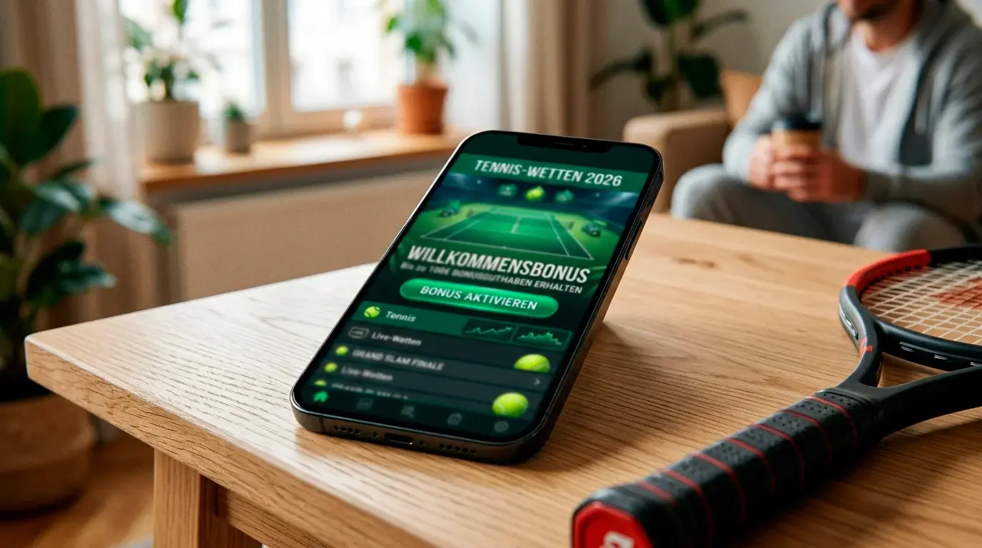 Smartphone mit Sportwetten-App und Tennisschläger daneben