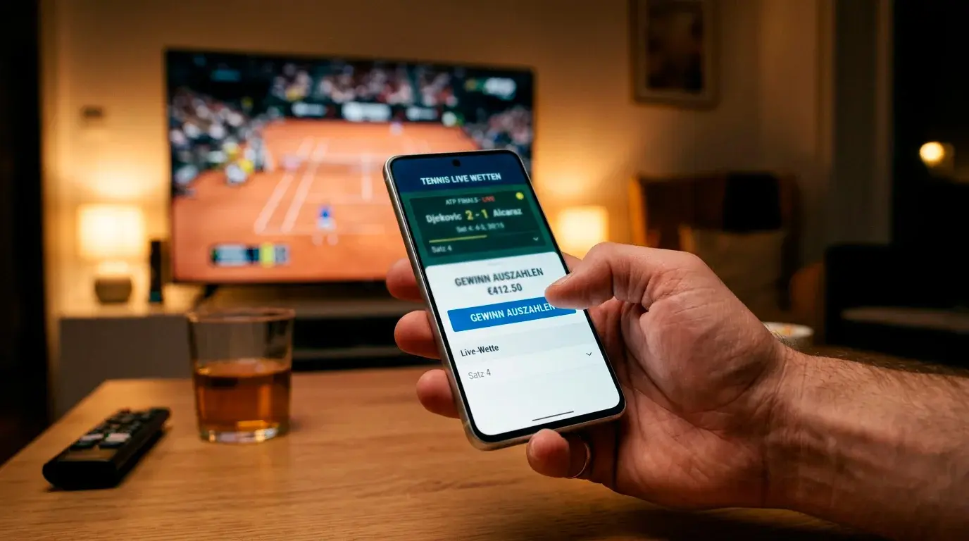Hand tippt auf Cash-Out-Button während eines Tennismatches