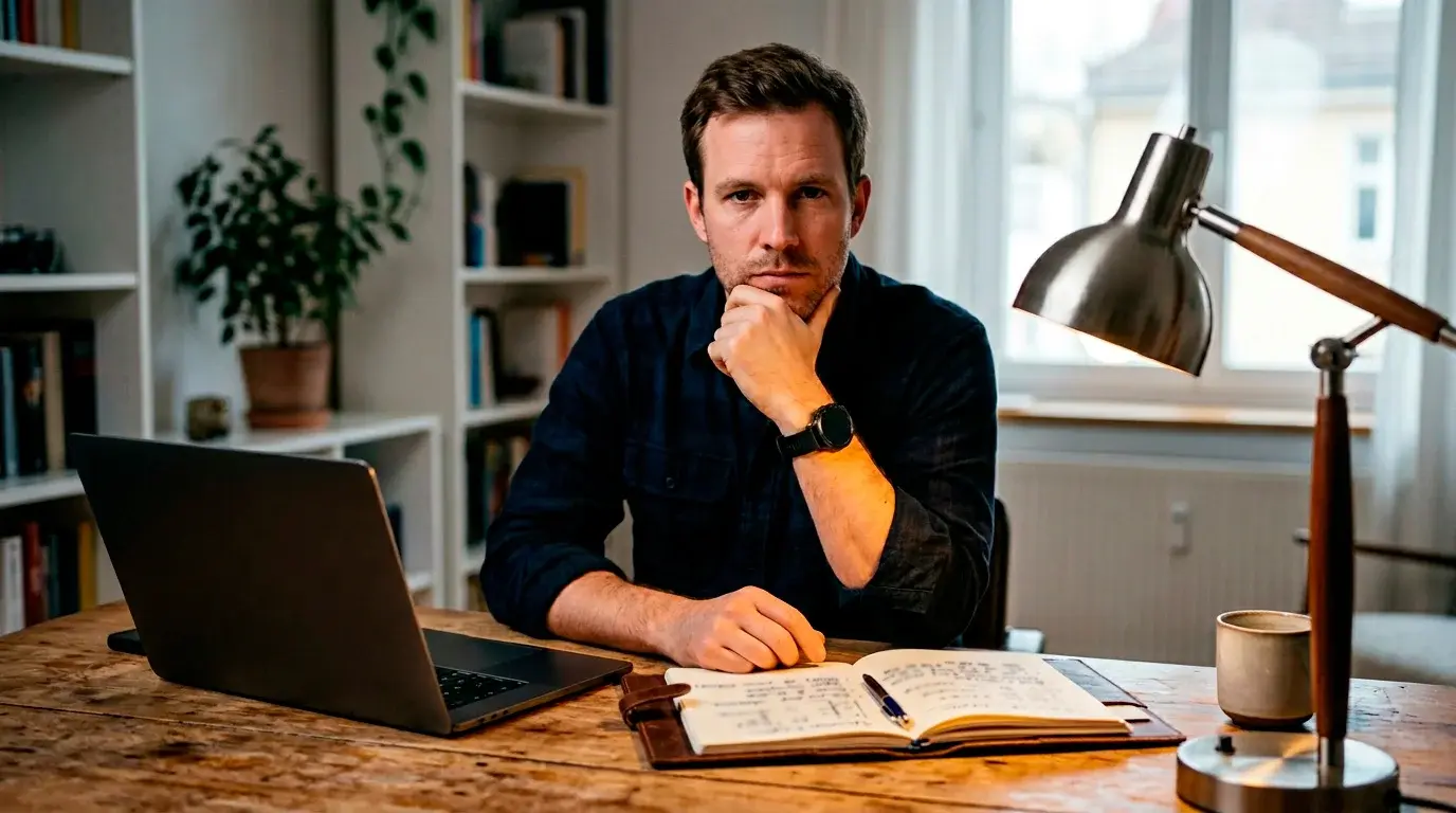 Nachdenklicher Mann studiert Tenniswetten-Statistiken am Schreibtisch